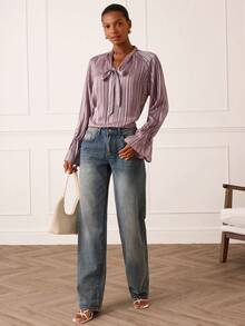 Lilora Women's Tie Collar Pleated Casual Versatile Daily Wear Long Sleeve Shirt - Dusty Pink - View 6