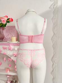 PetitDoll 4pcs Plus Size Sexy & Cute Lace Patchwork Mesh Underwear Set With Underwire Wedding - Pink - View 2