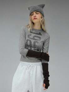 COUREZ Long Sleeve Jersey Top With Front Graphic Print /Y2K Long Sleeve Tops Going Out Tops Women Tops Winter Clothes For Women Blue Top Graphic Tees Women Cute Tops Summer Tops Summer Outfits - Grey - View 6