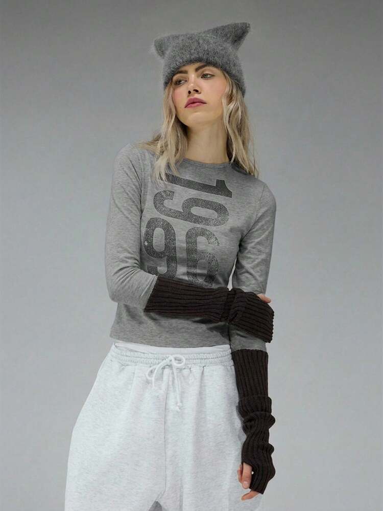 COUREZ Long Sleeve Jersey Top With Front Graphic Print /Y2K Long Sleeve Tops Going Out Tops Women Tops Winter Clothes For Women Blue Top Graphic Tees Women Cute Tops Summer Tops Summer Outfits - Grey - View 6