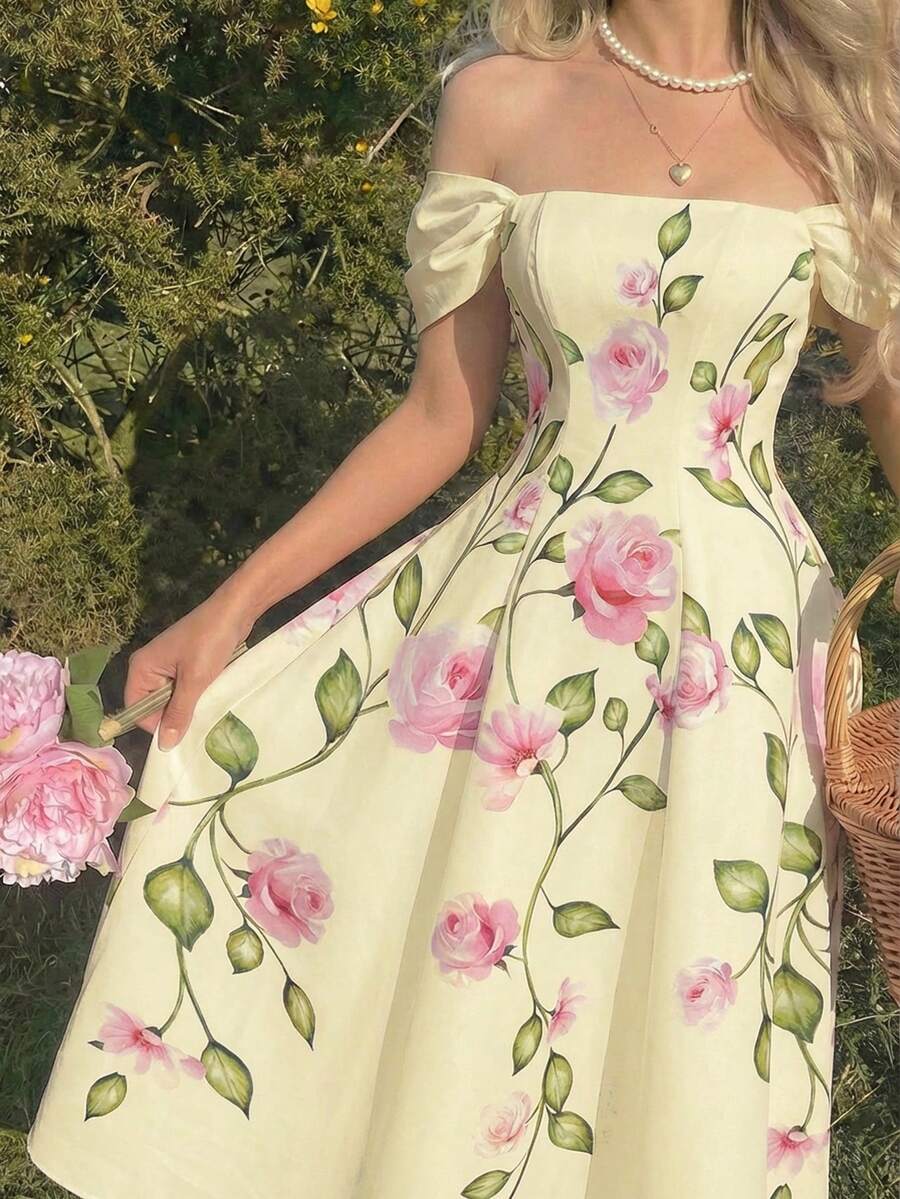 SHEIN MOD Đầm midi nữ trễ vai in hoa, thanh lịch, thắt eo, thích hợp cho hẹn hò và tiệc tùng. - Màu vàng - Xem 1