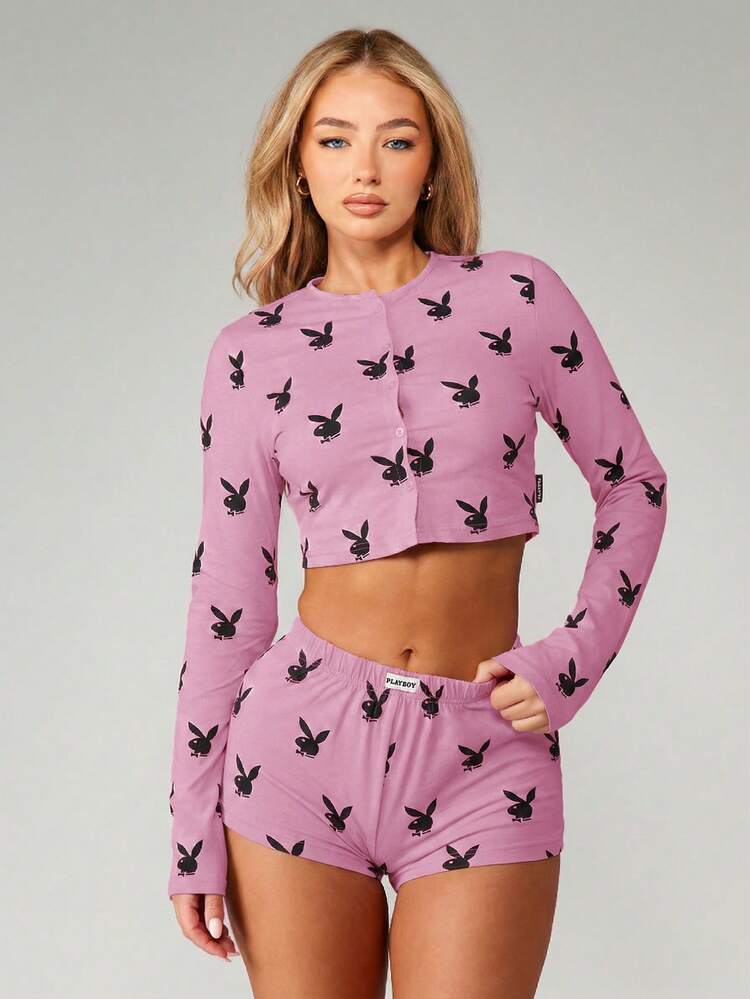 Missguided x Playboy All Over Print Bunny Logo Long Sleeve Crop Top And Shorts Pajama Set Sleepwear Lounge
