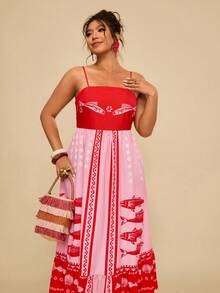 Travachic 大码女式鱼纹印花无袖连衣裙，休闲度假装 - 紅色 - 查看 5