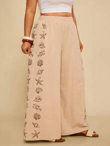 Travachic 大码女式海星印花复古阔腿休闲裤，适合海滩度假 - 卡其色 - 查看 5