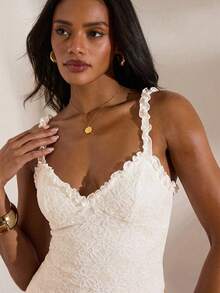 Opulessa 女士度假纯色针织蕾丝修身连衣裙 - 白色 - 查看 5