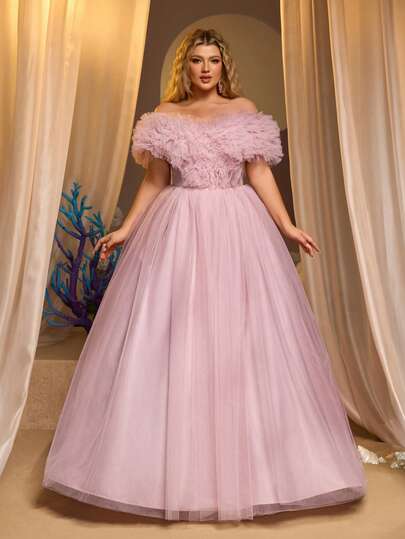 Glamrae Plus Size Elegant Romantic Luxurious Pink Off-Shoulder 3D Floral Sleeve Fitted Voluminous Maxi Dress, Suitable For Evening Party, Singles Party, Date, Ball, Holiday, Wedding Events