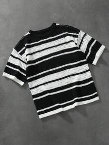 Manfinity LEGND 男士条纹圆领短袖休闲镂空针织上衣 - 黑色 - 查看 3