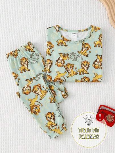 2pcs/Set Toddler Boys' Cute Cartoon Lion Animal Print Round Neck Short Sleeve Top And Elastic Waist Stretch Pants Casual Knit Loungewear Set