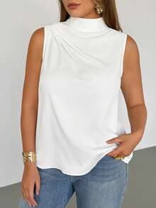 Auralis Plus Size Women Solid Color Pleated Collar Sleeveless Casual Top, Summer Tops Summer Outfit For Women - White - View 3