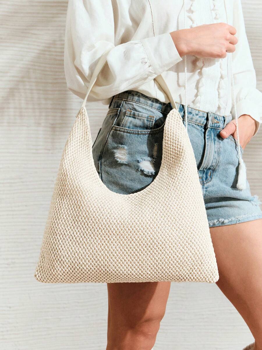 SHECARRY 女士单肩包、流浪包、草编包、流苏草编包，时尚、优雅、简约、个性化、百搭，适合海滩、度假、假日、夏季、海边、沙滩派对 - 米白色1 - 查看 1