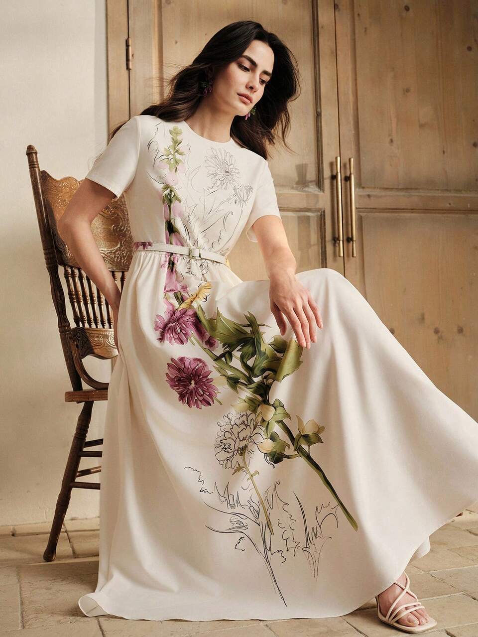 Anewsta Women's Elegant Floral Print Dress, Vacation Positioning Floral Pattern Dress, Short Sleeve Round Neck White Waist Flared Dress