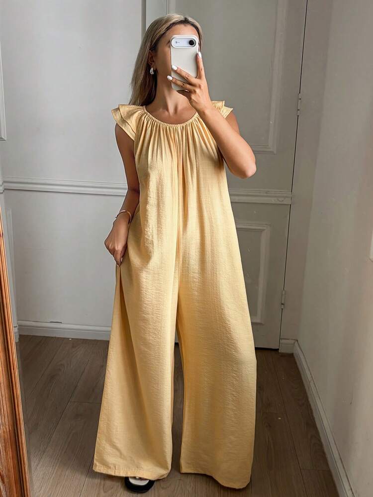 Women's Casual Loose Wide Leg Ruffle Sleeve Jumpsuit, Suitable For Summer Vacation