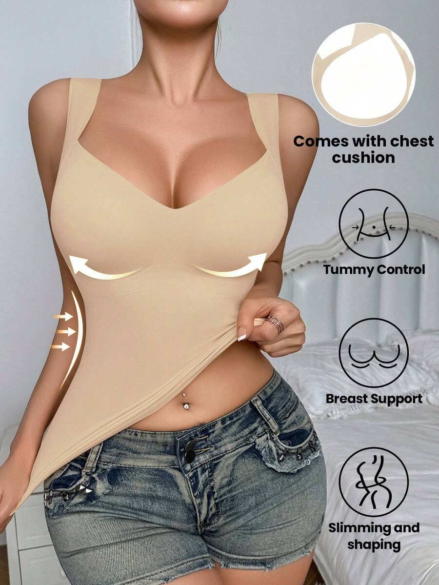 SHEIN 女士无缝塑身上衣，收腰收腹，简约吊带背心可外穿，单件塑身衣 - 淺粉色 - 查看 1