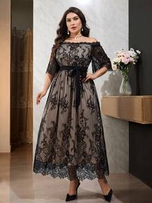Modelyn Robe de soirée décontractée pour femmes grandes tailles avec design de taille à lacets et épaules dénudées en dentelle - Multicolore - Voir 6
