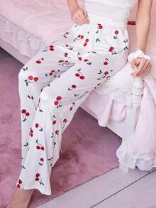 Bonmuse 女士白色樱花印花睡裤 - 柔软休闲家居裤，红色樱花和绿色叶子图案，弹性腰带，可机洗，夏季穿着下装，方便舒适 - 白色 - 查看 10
