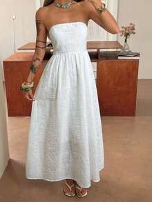 Livesso Abito midi senza maniche con design in pizzo jacquard bianco, stile casual da spiaggia per primavera ed estate, adatto per festival musicali, San Valentino, abiti da cerimonia - Bianco - Visualizzare 2