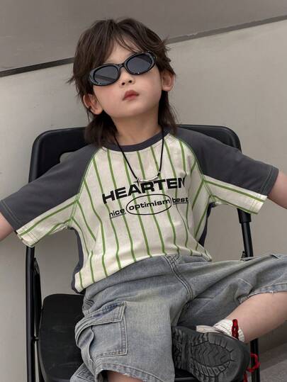 DAZY Young Boy Round Neck Letter Print Casual Versatile Daily Wear Short Sleeve T-Shirt