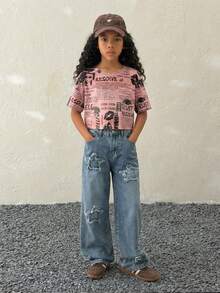 Coolane Kids 少女春夏报纸印花网纱露脐短袖上衣 - 粉色 - 查看 6