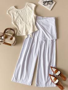 Muvela Camiseta Nova de Primavera/Verão com Laço Decorativo Sem Costas em Tecido de Malha Texturizado Branco, Elegante Vintage para Carnaval, Festa, Doce, Fofa, Uso Urbano, Escritório - Damasco - Visão 6