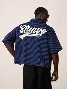 STYNVO Men's Casual Striped Letter Embroidered Short Sleeve Shirt - Navy Blue - View 4