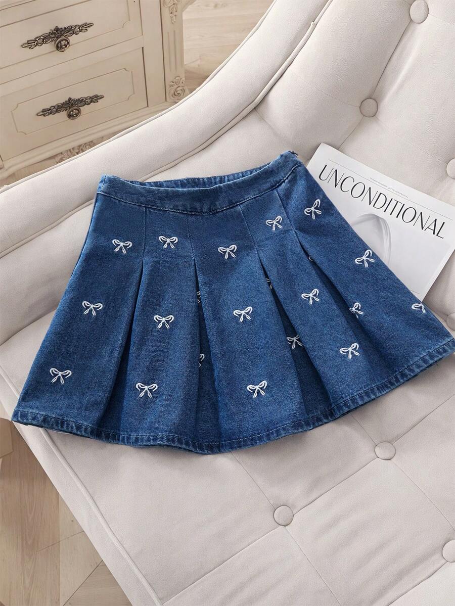 GlowEve Women's Casual Commuting Bow Embroidery Pleated Denim Mini Skirt, Summer - Blue - View 1