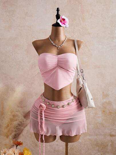 Bellisia 26SS 春夏沙滩度假粉色心形三件套可爱碎花泳衣套装