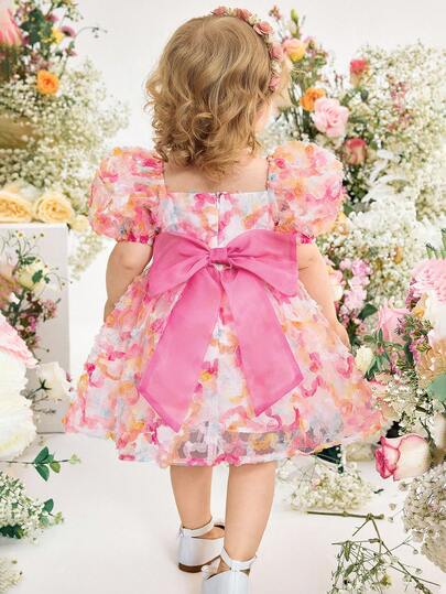 SHEIN Vestido corto de manga corta con estampado floral de malla colorida, elegante y lindo para bebé niña en verano