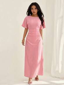 SHEIN PETITE Đầm nữ mùa hè màu trơn, chất liệu pha lanh, kiểu dáng thanh lịch thường ngày. - Hồng - Xem 6