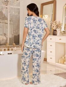 SHEIN 泡泡褶皱印花中国风纽扣开衫上衣和裤子睡衣套装 - 彩色 - 查看 2