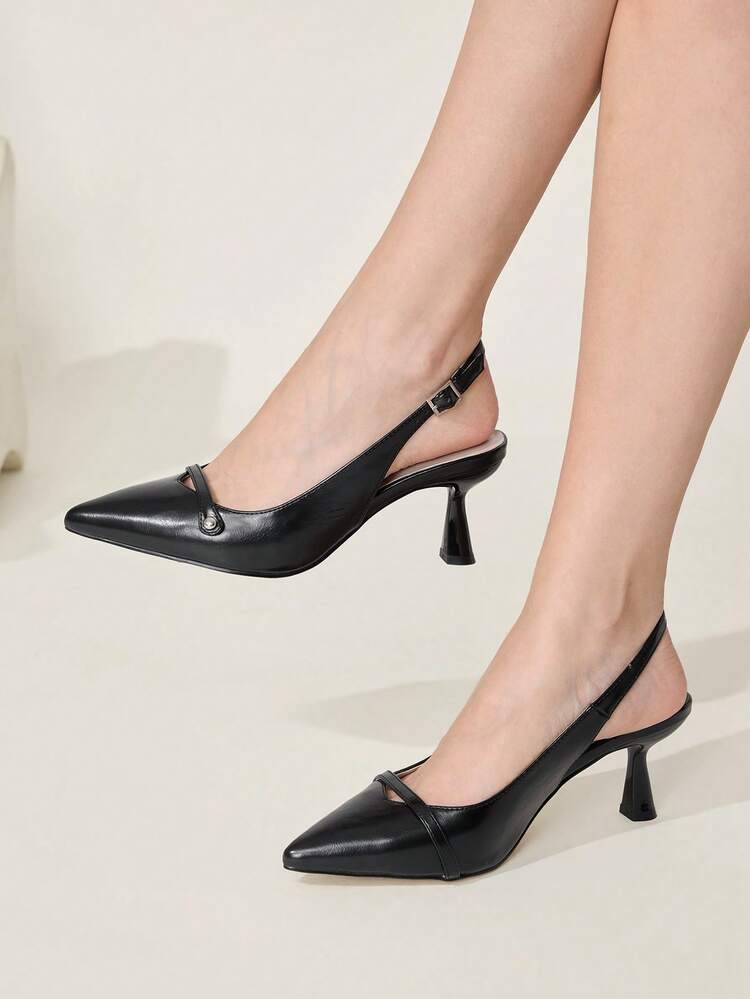 CUCCOO CHICEST Women's Classic Black Pointed-Toe Slim Low Heel Open Back Pumps Wedding Shoes Summer Shoes Bride Shoes