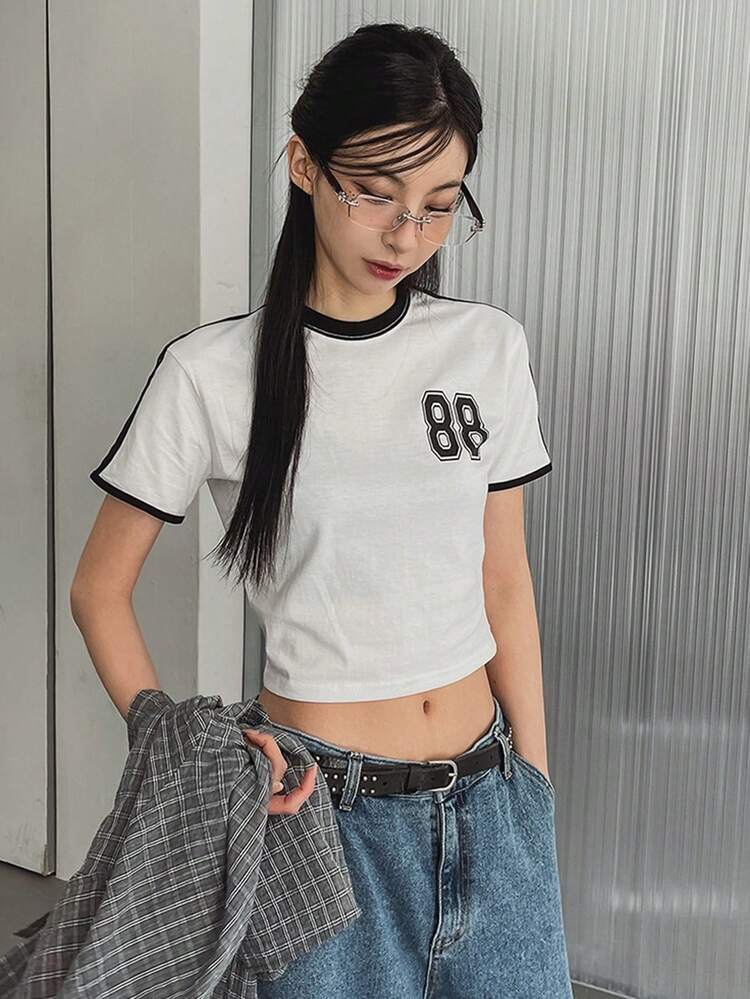 Women's Summer New Slim Fit Contrast Color Patchwork Round Neck T-Shirt Crop Tops Women