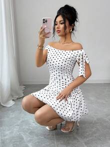 Elenzga 女士新款夏季波点印花无袖吊带蝴蝶结不对称优雅浪漫休闲度假白色连衣裙 - 白色 - 查看 3