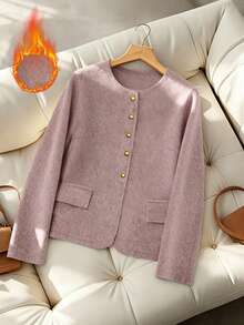 Franclia Plus Size Women's Elegant Winter Long Sleeve Thick Woolen Jacket,Gold Button Formal Commuter Cardigan,French Style Round Neck Knitted Blazer Overcoat - Baby Pink - View 3