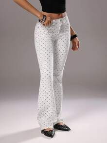 TRNVIE 时尚休闲波点低腰喇叭牛仔裤 - 白色 - 查看 6