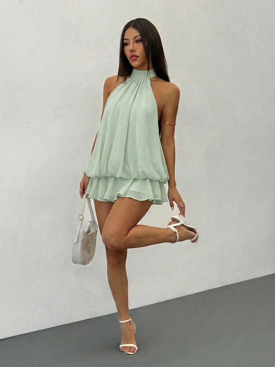 SHEIN PETITE Vestido mini elegante sin mangas con cuello de corbata en amarillo pálido, adecuado para fiestas, citas, otoño/invierno y primavera/verano - verde menta - Ver 1