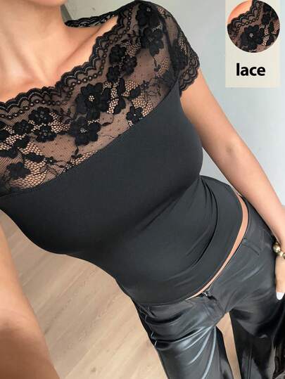 Siren Gaze Summer Black Lace-Trimmed Slim Fit Short-Sleeve Top For Women, High Elasticity, Elegant Round Neck Base Layer, Slimming, Versatile, Sexy Mesh Lace T-Shirt, Off-Shoulder Top For Women