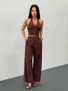 SHEIN PETITE 两件套女士纯色圆领落肩长袖休闲针织纹理套装，棕色，女士冬季毛衣，秋季女装，秋季女装，秋装，冬季套装，休闲女装，棕色套装，女士两件套家居服，舒适两件套，长袖套装，两件套女士舒适棕色优雅套装 - 棕色 - 查看 9