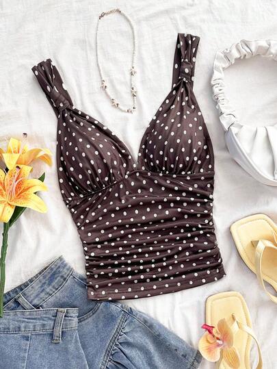 Soleia Plus Size Women's Elegant Vacation Brown Polka Dot Knit Fabric Twist Strap Ruched Slim Fit Camisole, Suitable For Holiday, Date, Afternoon Tea, Beach, Cruise, City Trip, Island Vacation, Music Festival, Boho Vacation, Can Be Worn Inside Or Outside,Summer Outfits For Women,Spring Outfit,Beach Outfits For Women ,Graduation,Vacation Outfits Women.