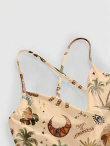 ROMWE Fairycore Đầm đi nghỉ mát gợi cảm kiểu hippie với họa tiết mặt trời, mặt trăng, ngôi sao và con mắt bí ẩn, cổ khoét sâu, dành cho nữ. - màu nâu - Xem 3