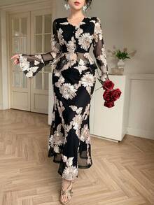 DAZY 女士优雅花卉V领喇叭袖套头衫和鱼尾裙两件套，春夏款 - 黑色 - 查看 9