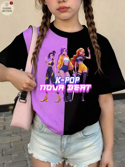 Kpop Girl Graphic Print Round Neck Short Sleeve Casual Versatile T-Shirt