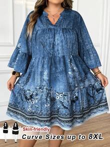 SHEIN CURVE+ 大码深V领印花短款休闲连衣裙，适合度假波西米亚风度假 - 彩色 - 查看 8