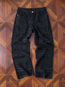StoneGrade Quần Jeans Nam Ống Thẳng Có Viền Xù Quần Jeans Rộng Trơn Dài Rộng Thùng thình Màu Đen Trơn Quần Cargo Đã Giặt, Dành Cho Chồng, Quà Tặng Bạn Trai Đi Chơi Đi Làm Đi Làm Đường Phố, Grunge - màu đen - Xem 1