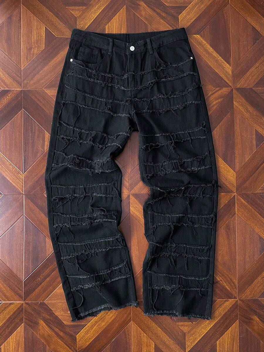 StoneGrade Quần Jeans Nam Ống Thẳng Có Viền Xù Quần Jeans Rộng Trơn Dài Rộng Thùng thình Màu Đen Trơn Quần Cargo Đã Giặt, Dành Cho Chồng, Quà Tặng Bạn Trai Đi Chơi Đi Làm Đi Làm Đường Phố, Grunge - màu đen - Xem 1