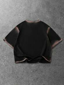 ROMWE MEN Street Life Spring/Summer Casual Graphic Men'S Handmade Spray Painted Loose Fit Round Neck Short Sleeve Casual T-Shirt - Black - View 2