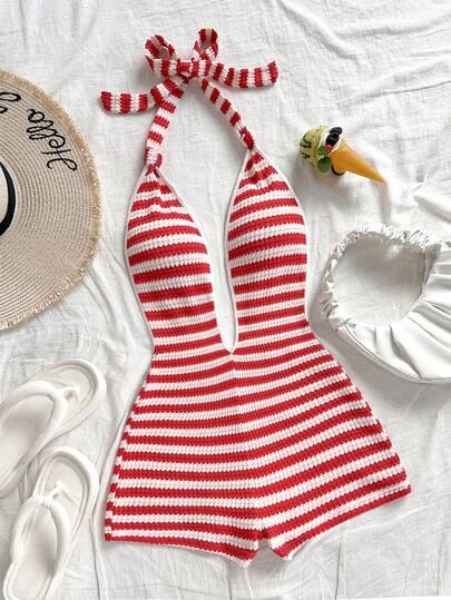 Soleia Women's Vacation White Knit Fairy Crinkle Texture Deep V Neck Tie Front Jumpsuit, Slim Fit, Suitable For Party, Christmas, Date, Nightclub, Bohemian, Boho, Vacation, Fall