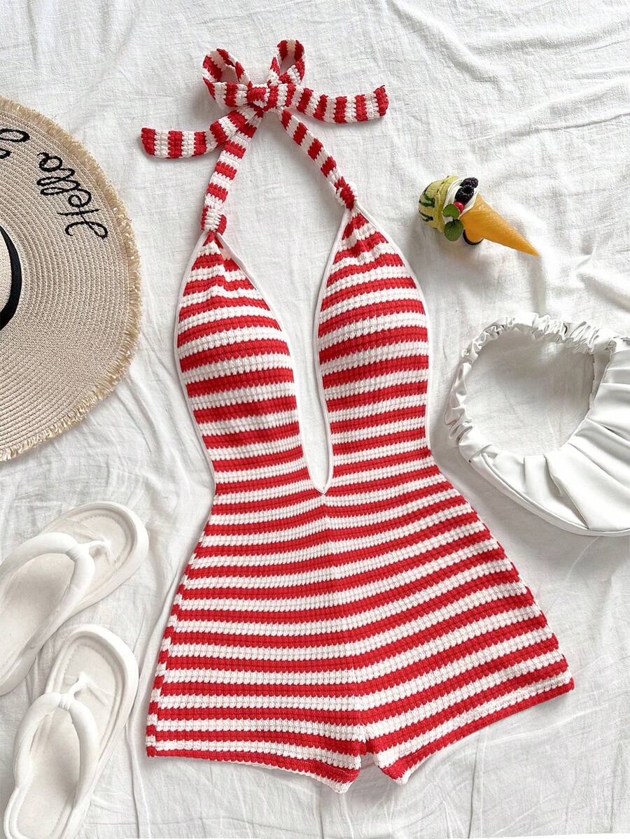 Soleia Vacation Outfits For Women Going Out Outfits  Summer Holiday Outfits Women's Vacation White Knit Fairy Crinkle Texture Deep V Neck Tie Front Jumpsuit, Slim Fit, Suitable For Party, Christmas, Date, Nightclub, Bohemian, Boho, Vacation, Fall - Red and White - View 1