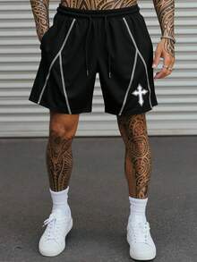 HIMLAND 男士撞色缝线松紧腰抽绳休闲短裤，信仰战胜恐惧短裤，耶稣短裤，基督教短裤，男士街头风短裤，十字架短裤 - 黑色 - 查看 7