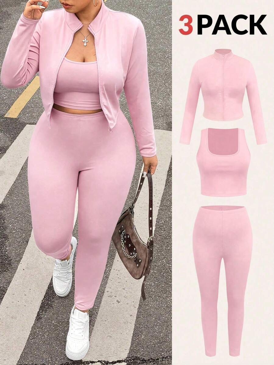 Muchica Áo khoác không tay màu đen cỡ lớn, bộ đồ thể thao yoga 3 món co giãn nhẹ dành cho nữ, bộ 2 món màu hồng. - Hồng - Xem 1