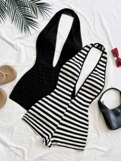 Soleia 2pcs/Set Retro Striped Contrast Color Halter Sexy Women's Jumpsuit + Black Halter Jumpsuit, Casual Vacation, Date, Afternoon Tea, Beach, Cruise, City Trip, Music Festival, Party, Bohemian, Hippie, Western Style, Can Be Worn Inside Or Outside, Daily Commute